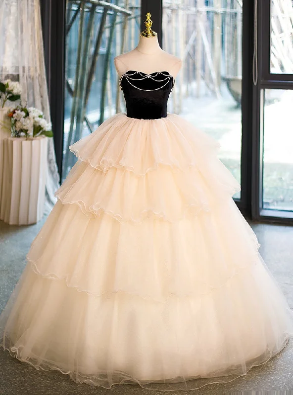 Body-Hugging DressChampagne Tulle Black Velvet Strapless Beading Quinceanera Dress