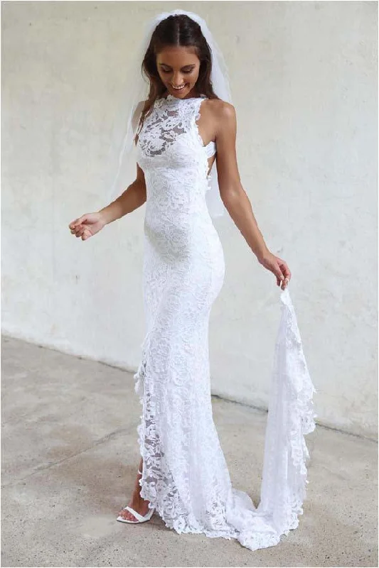 women's lightweight dressesSexy Mermaid Jewel Lace Backless Wedding Dresses With Court Train
