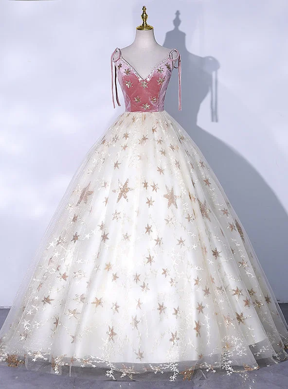 women's cocktail dressesChampagne Tulle Pink Velvet V-neck Quinceanera Dress