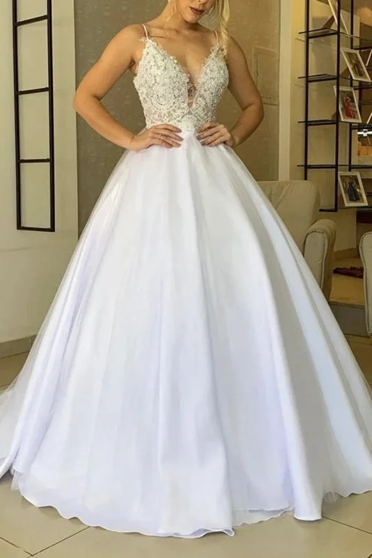 Long-Sleeve DressModest Spaghetti Straps Satin Long Wedding Dresses For Women Y0161