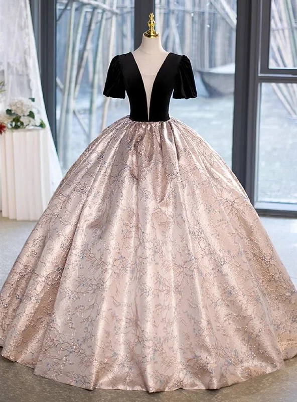 women's vacation dressesBlack Velvet Short Sleeve Quinceanera Dress