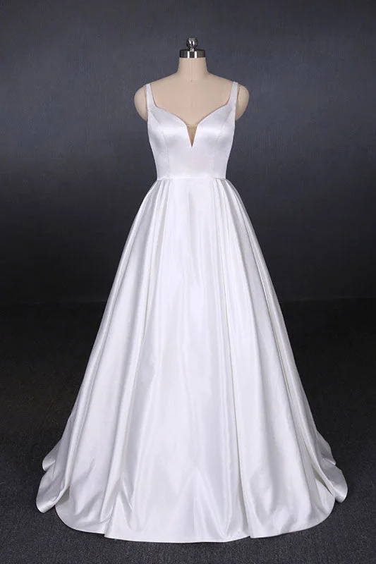 women's minimalist dressesStraps White Satin Wedding Dresses Floor Length Satin Backless Bridal Dresses N2356