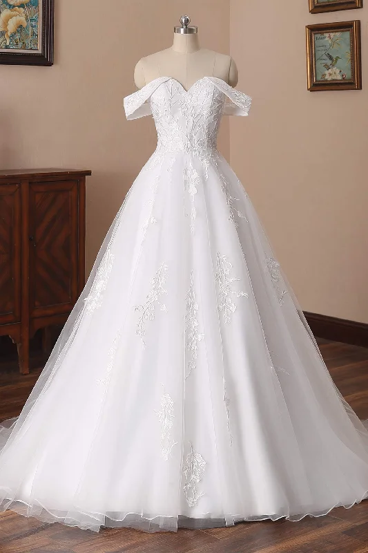 Beaded DressCharming Off The Shoulder Long A Line Tulle Wedding Dress With Lace Appliques Y0121