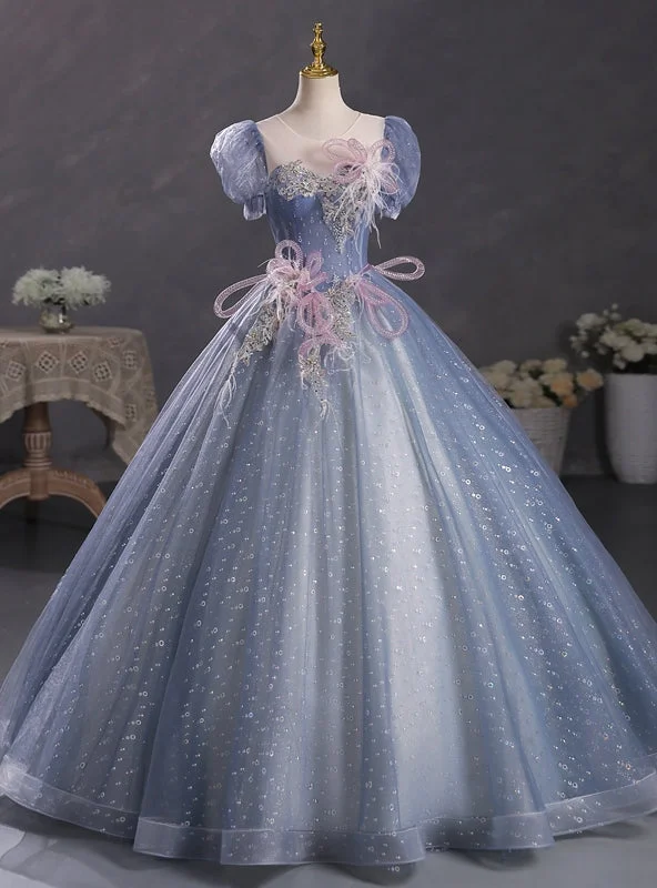 women's midi dressesBlue Tulle Sequins Puff Sleeve Backless Beading Quinceanera Dress