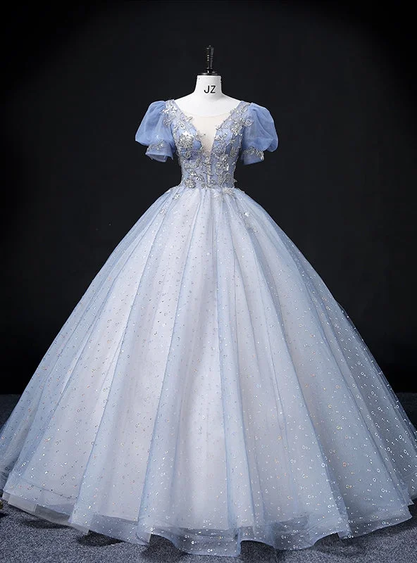 women's ball gown dressesBlue Tulle Sequins See Through V-neck Puff Sleeve Beading Quinceanera Dress