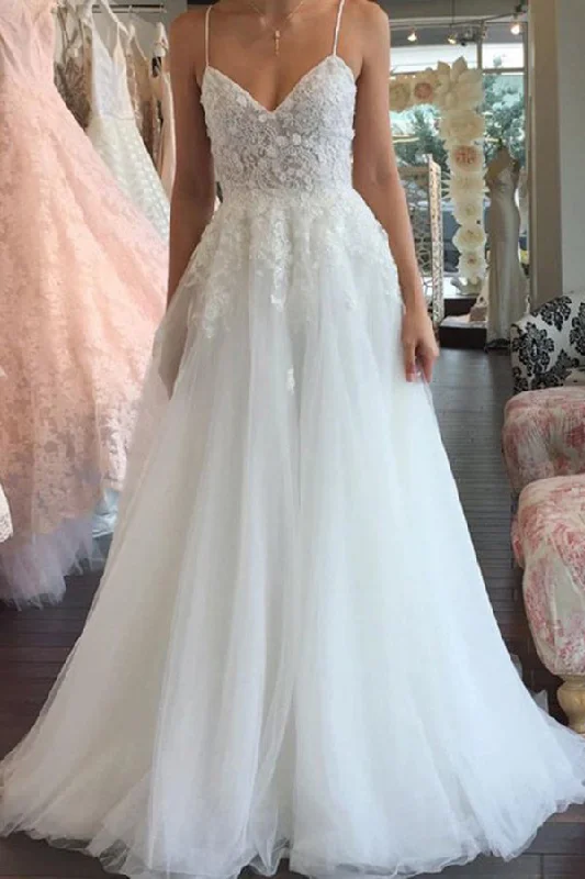 women's sustainable dressesA Line Spaghetti Straps V-Neck Floor Ivory Tulle Beach Wedding Dresses with Appliques N1000