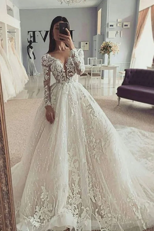 women's hourglass figure dressesStunning V-Neck Long Sleeves Puffy Wedding Dresses With Appliques