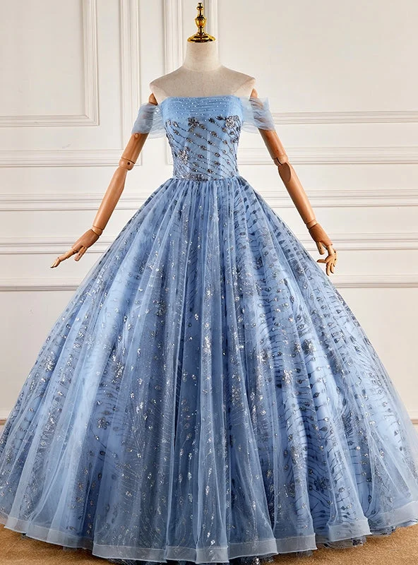 women's formal dressesBlue Tulle Sequins Off the Shoulder Pearls Quinceanera Dress