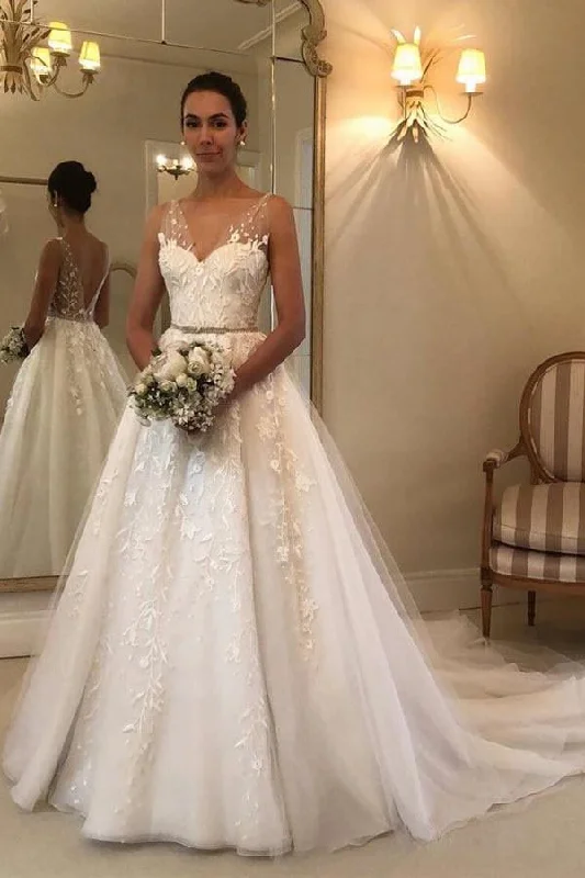 women's curve-hugging dressesRomantic V-Neck Beach Wedding Dresses with Lace Appliques A Line Bridal Dresses N1722