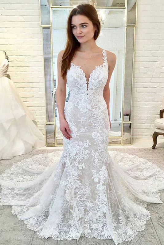 women's petite dressesGorgeous Straps Mermaid Train Lace Wedding Dresses Lace Bridal Dresses N1770