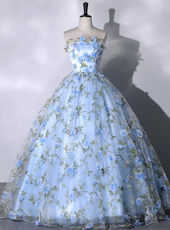 Knit DressBlue Tulle 3D Flower Strapless Quinceanera Dress