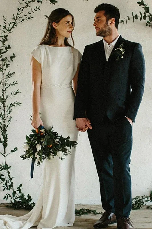 women's cold-shoulder dressesSheath Cap Sleeves Long Wedding Dresses Open Back Bridal Dresses N2492