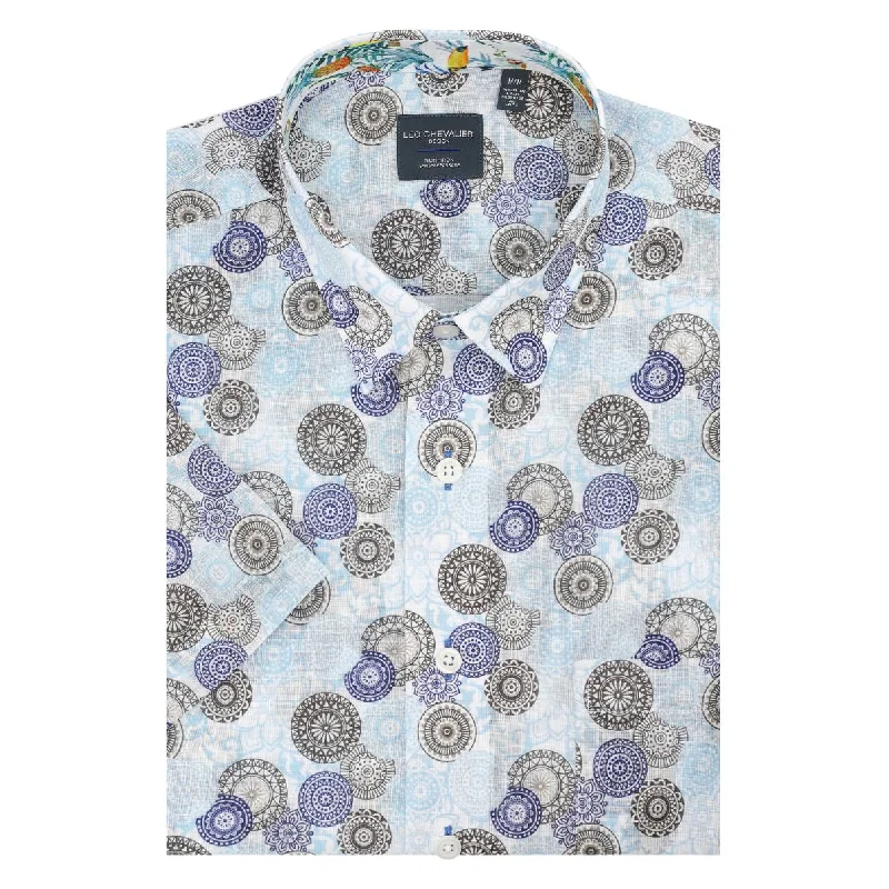 Men's Dressy Casual Shirts for Smart-Casual EventsBlue and Brown Medallion Print Short Sleeve No-Iron Cotton Sport Shirt with Hidden Button Down Collar (Size Large) by Leo Chevalier Men's Dressy Casual Shirts for Smart-Casual EventsBlue and Brown Medallion Print Short Sleeve No-Iron Cotton Sport Shirt with Hidden Button Down Collar (Size Large) by Leo Chevalier