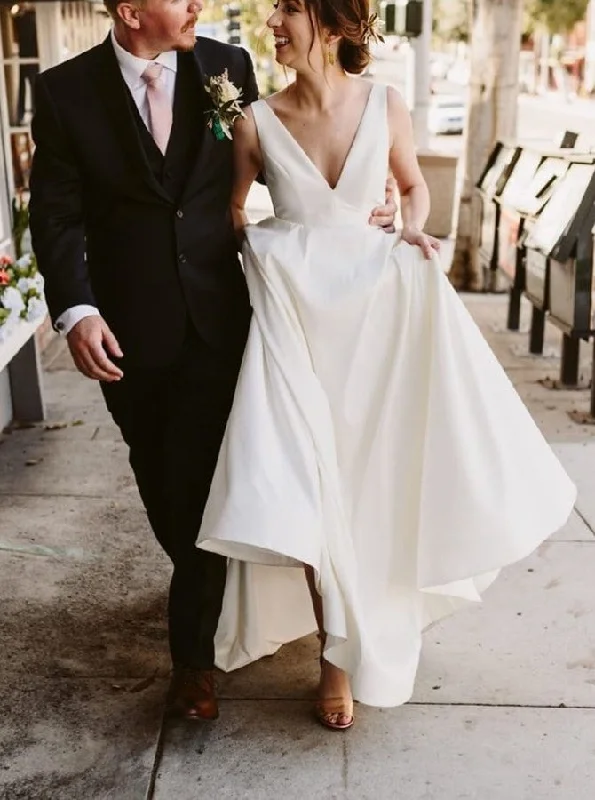 women's off-the-shoulder dressesSimple Modern A-Line V-Neck Satin Wedding Dress Bridal Gown OW451