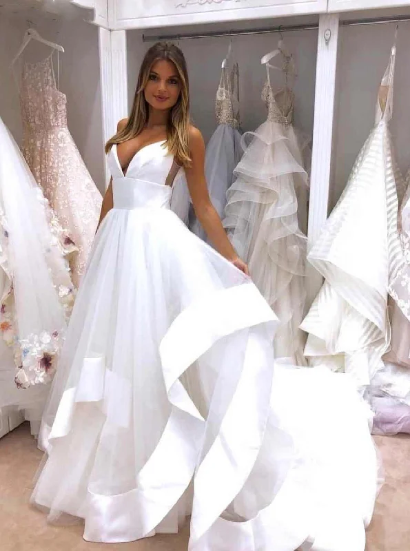 women's apple-shaped body dressesSimple A Line Deep V Neck Backless Wedding Dress
