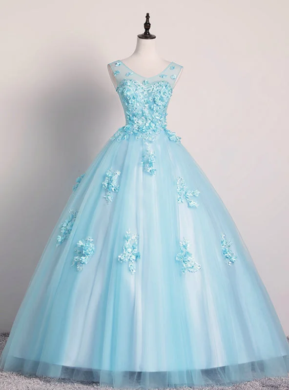 Leather DressFor This Year Biggest Dance Sky Blue Ball Gown Tulle Appliques V-neck Quinceanera Dress