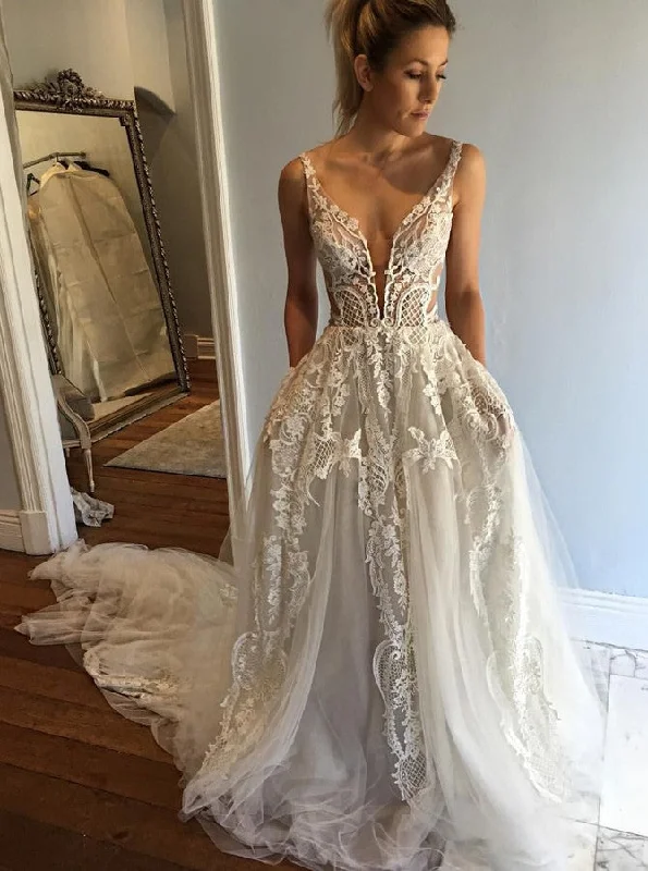 women's long-sleeved dressesA-line Deep V-Neck Lace Appliques Wedding Dress With Pockets OW430