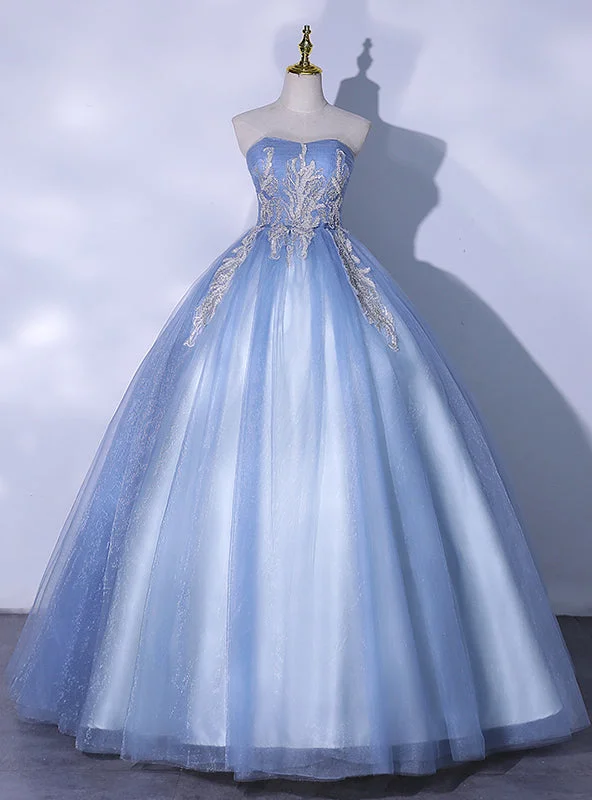 women's long-sleeved dressesBlue Tulle Strapless Appliques Quinceanera Dress