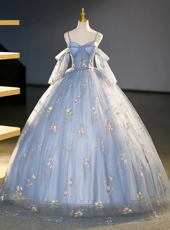 women's cold-shoulder dressesBlue Tulle Spaghetti Straps Embroidery Quinceanera Dress
