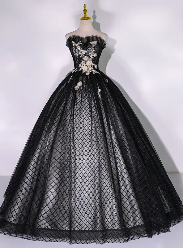 women's cinched-waist dressesBlack Tulle Strapless Appliques Quinceanera Dress