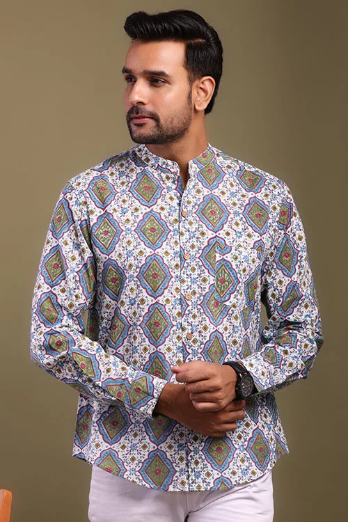 Comfortable Men's Flannel ShirtsShuddhi Blue And Green Printed Mens Shirt