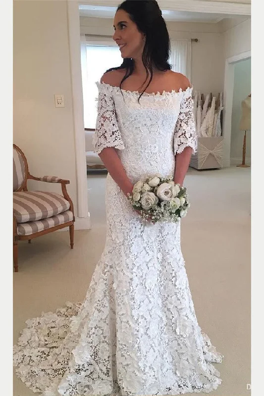 women's casual Friday dressesOff the Shoulder Half Sleeves Lace Wedding Dresses