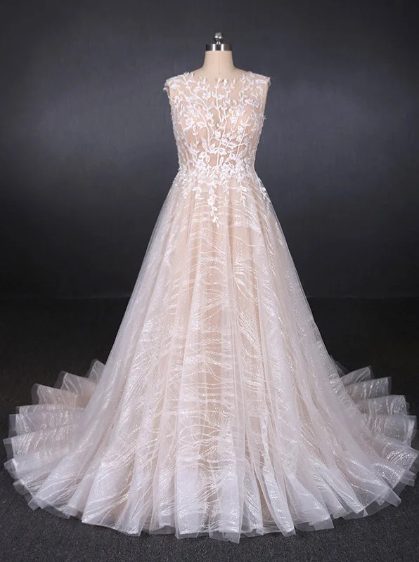 Ribbon DressSparkly Lace Appliqued Wedding Dress V-back Long Bridal Dresses OW571