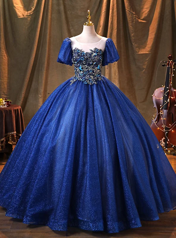 women's high-end dressesDark Blue Tulle Sequins Puff Sleeve Appliques Quinceanera Dress