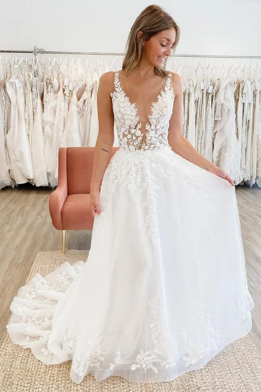 Metallic DressA Line V-neck Tulle Wedding Dresses with Appliques N098