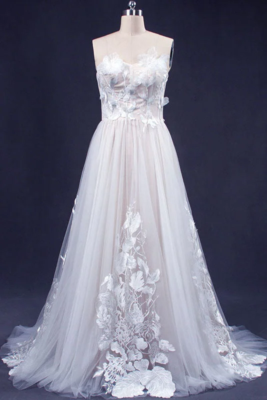 women's handmade dressesA Line Sweetheart Tulle Appliqued Wedding Dresses Strapless Tulle Bridal Dresses N2349