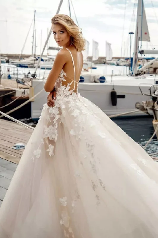 Evening DressGorgeous V Neck Tulle Ivory Wedding Dresses with Appliques N138