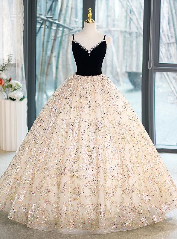women's empire waist dressesChampagne Tulle Sequins Black Velvet Crystal Quinceanera Dress