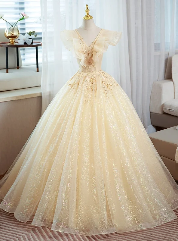 women's spaghetti strap dressesChampagne Tulle Sequins V-neck Beading Quinceanera Dress
