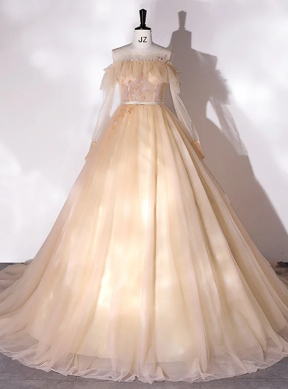 Chic DressChampagne Tulle Long Sleeve Beading Quinceanera Dress