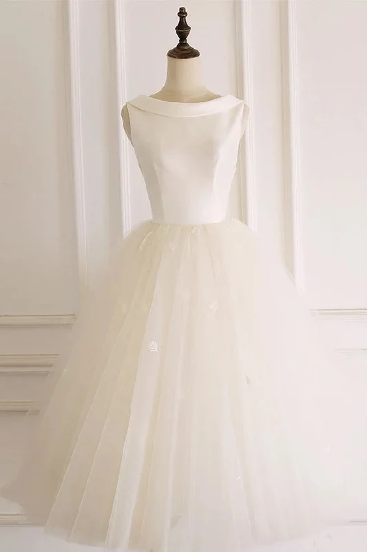 Floor-Length DressVintage Satin Tulle Ivory Tea Length Elegant Wedding Dress Y0252