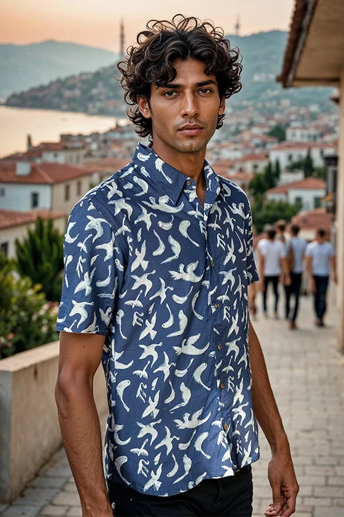 Men's Camping Shirts for Outdoor AdventuresOkhai "Peace Flight" Handblock Printed Pure Cotton Half-Sleeved Shirt