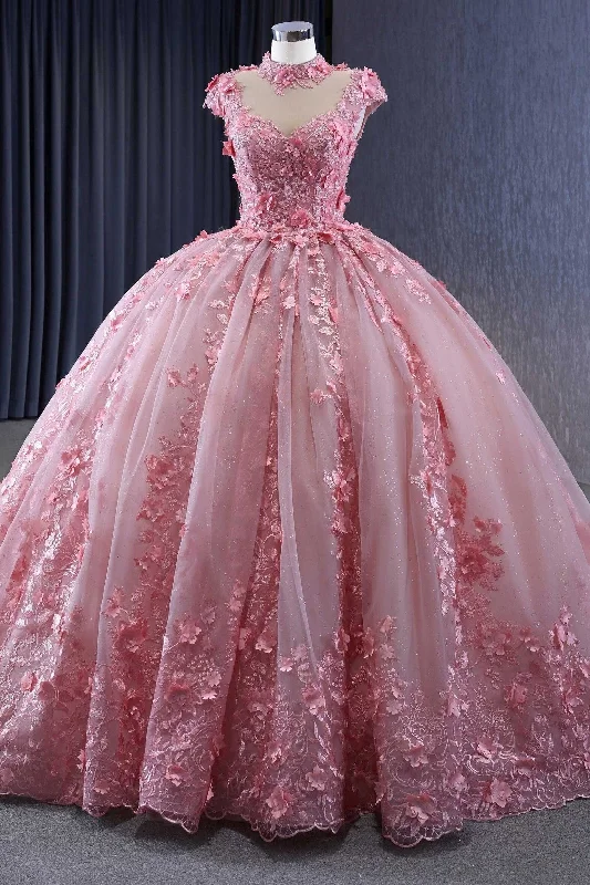 women's flowy dressesClassic Pink Cap Sleeves Quinceanera Dresses Sheer Neck Appliques Ball Gown