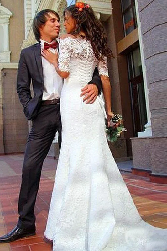 Leather DressMermaid Off-the-Shoulder Half Sleeves Lace Wedding Dresses Vintage Trumpet Bridal Dresses N747