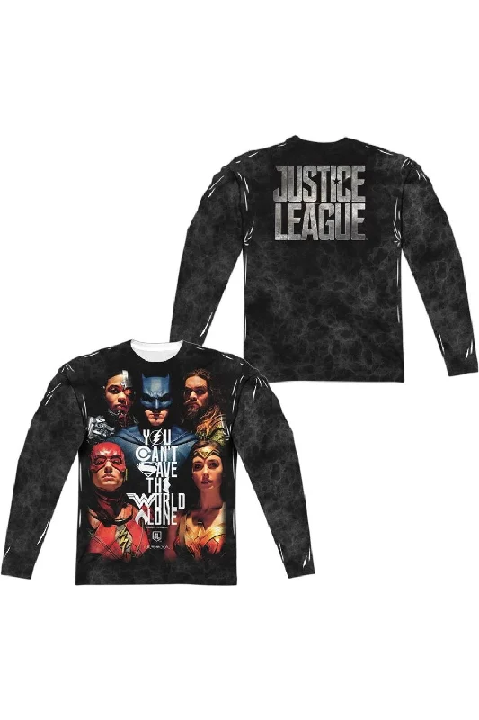 Justice League Movie Save The World Poster (Front/Back Print) Long Sleeve Adult Poly Crew Tee / T-Shirt