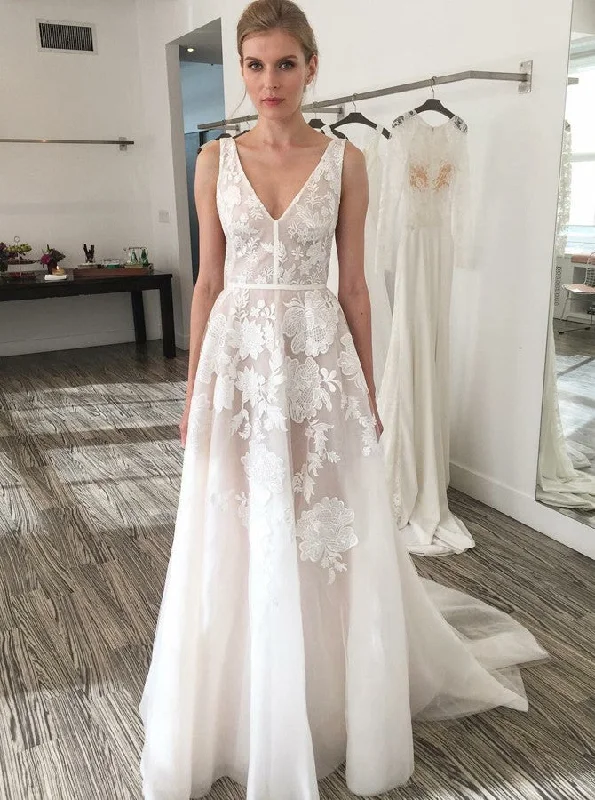 women's cold-shoulder dressesElegant A-Line V-Neck Backless Appliques Wedding Dress OW435