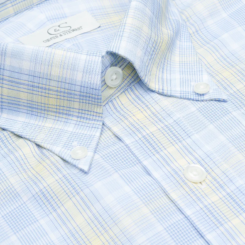 Men's Patterned Casual Shirts for Relaxed StylingBlue and Yellow Exploded Plaid Stretch Cotton Wrinkle-Free Dress Shirt with Button Down Collar by Cooper & Stewart Men's Patterned Casual Shirts for Relaxed StylingBlue and Yellow Exploded Plaid Stretch Cotton Wrinkle-Free Dress Shirt with Button Down Collar by Cooper & Stewart