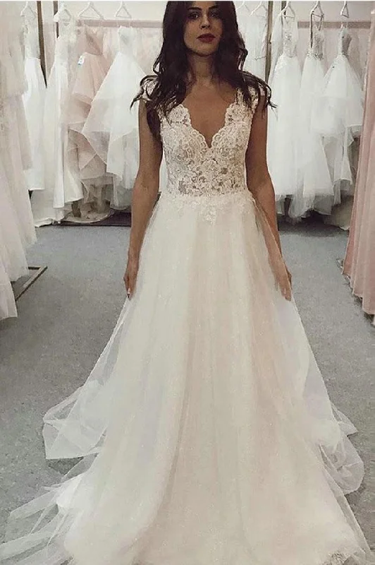 women's ethical fashion dressesA Line V-Neck Tulle Beach Wedding Dresses with Lace N2361