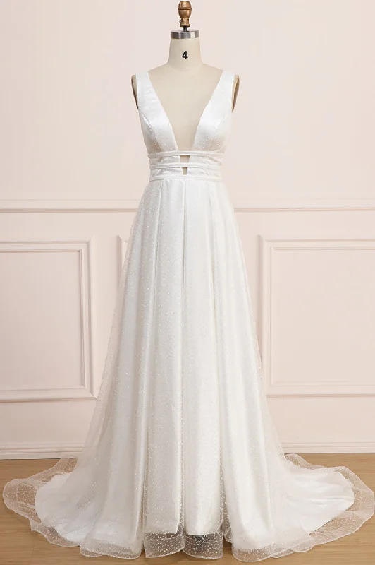 Shift DressDeep V-Neck Sleeveless Bridal Dresses Backless Long A Line Wedding Dresses N2270