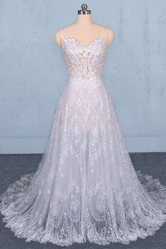 Tea-Length DressSpaghetti Straps Sweetheart Lace Wedding Dresses Lace Bridal Dresses with Long Train N2284
