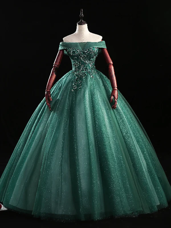 women's easy-to-wear dressesDark Green Tulle Off the Shoulder Appliques Quinceanera Dress