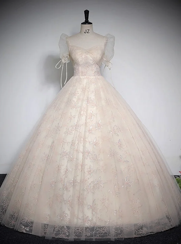 Designer DressChampagne Tulle Lace Sequins Short Sleeve Quinceanera Dress