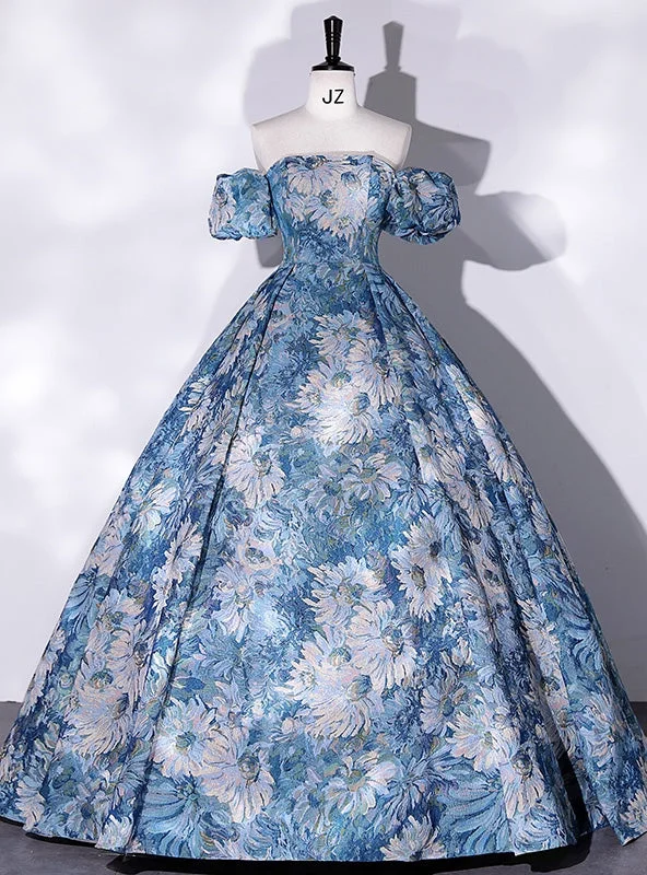 Organza DressBlue Strapless Print Quinceanera Dress With Detachable Sleeve