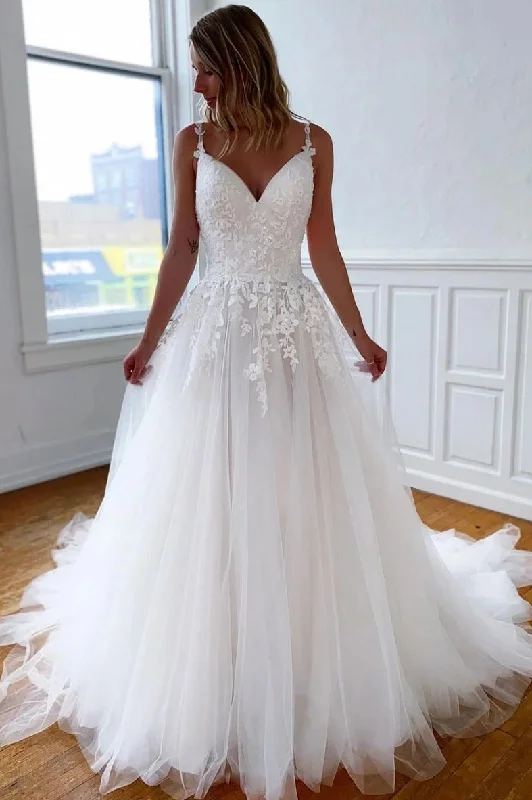 Mermaid DressElegant Spaghetti Straps Lace Tulle Long Open Back Wedding Dresses Y0342