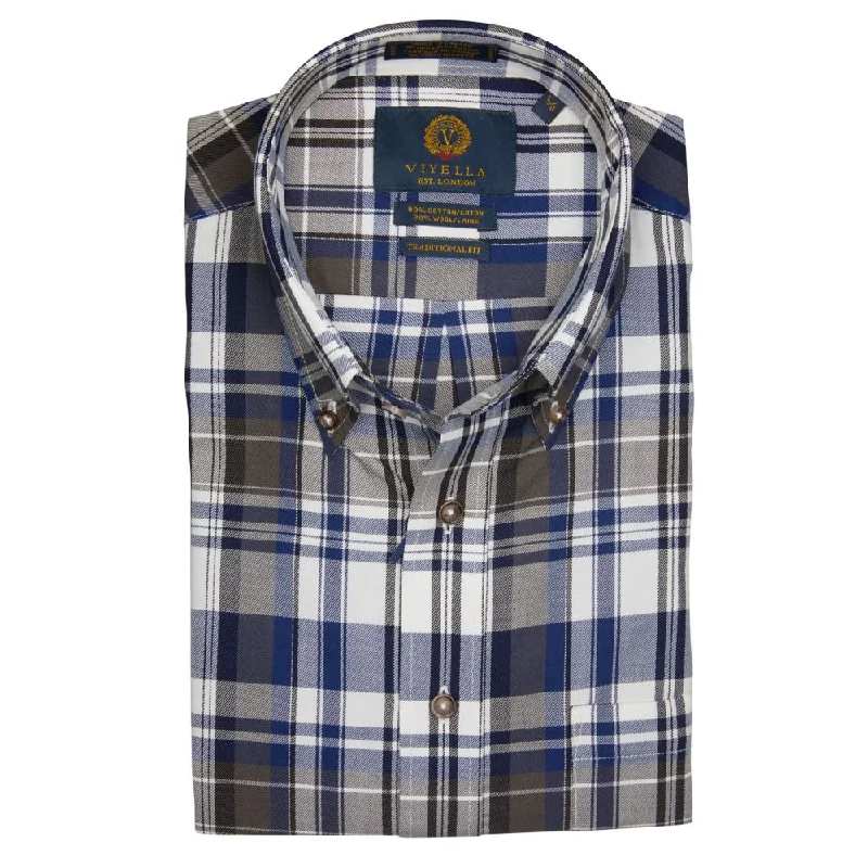 Men's Casual Friday Shirts for Relaxed Office DaysNavy. Chocolate, and Winter White Plaid Cotton and Wool Blend Button-Down Shirt by Viyella Men's Casual Friday Shirts for Relaxed Office DaysNavy. Chocolate, and Winter White Plaid Cotton and Wool Blend Button-Down Shirt by Viyella