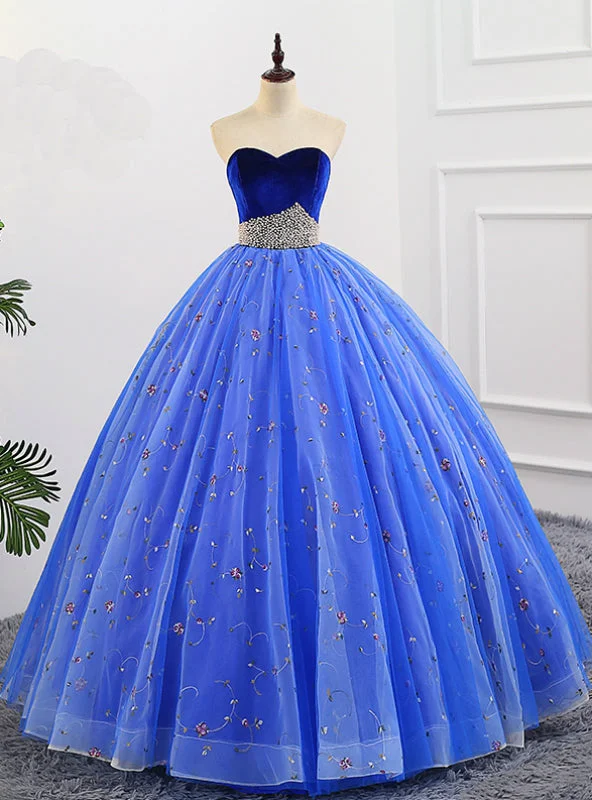 women's sustainable dressesBlue Ball Gown Embroidery Tulle Sweetheart Quinceanera Dresses With Pearls